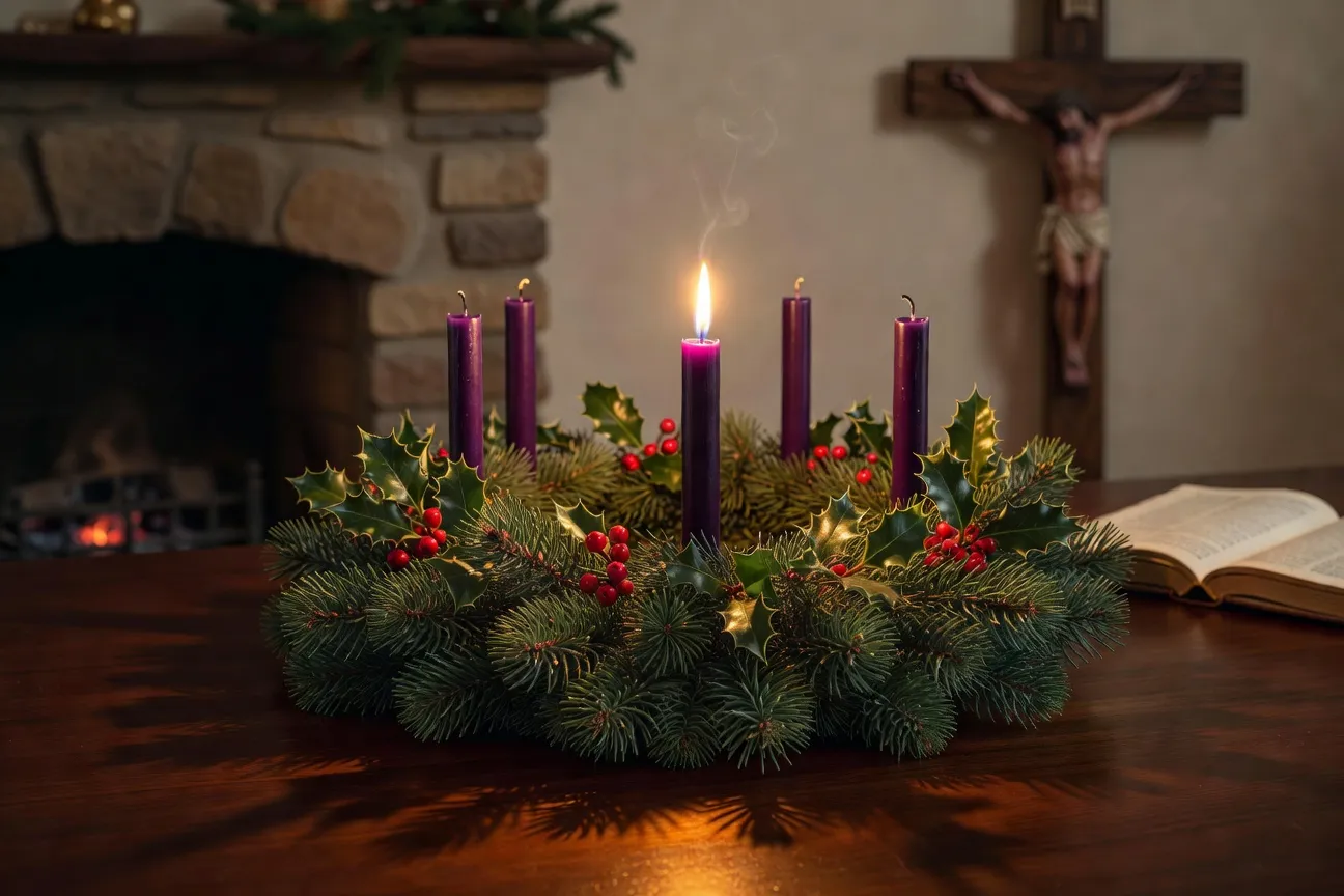 Couronne de l'Avent avec quatre bougies dont une allumée, branches de sapin
