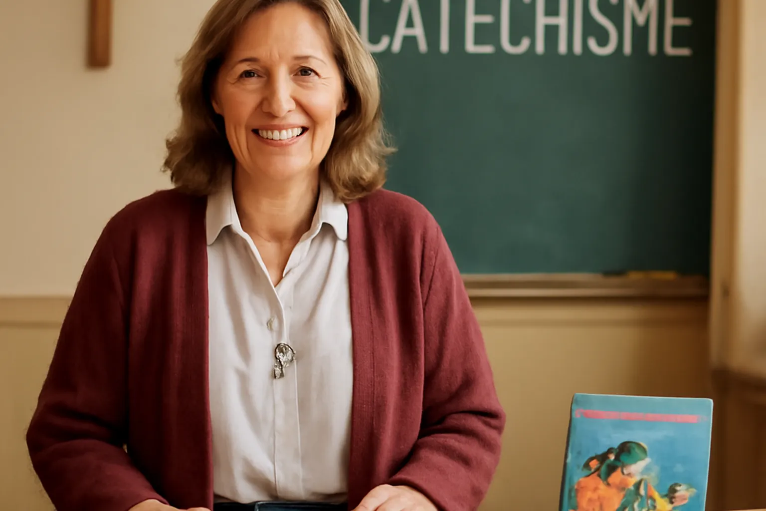 Portrait éditorial d'une catéchiste dans une salle de catéchisme avec livres illustrés pour enfants
