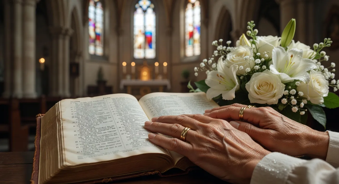 Livres religieux ouverts sur un autel fleuri dans une eglise baignee de lumiere doree
