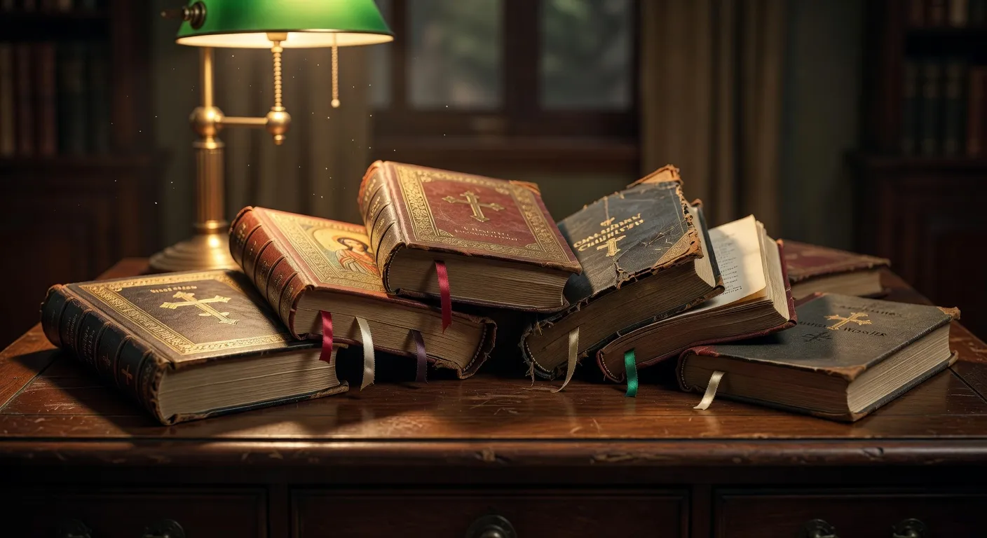 Livres de prieres anciens ouverts avec un chapelet et une bougie allumee sur une nappe en lin