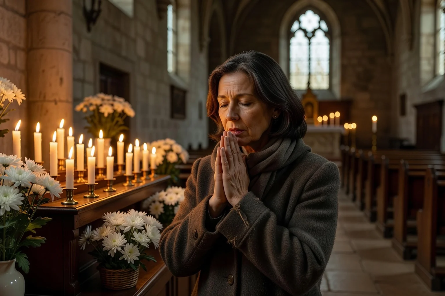 Femme adulte priant les mains jointes devant des cierges allumés et des chrysanthèmes dans une église, au temps de la Toussaint