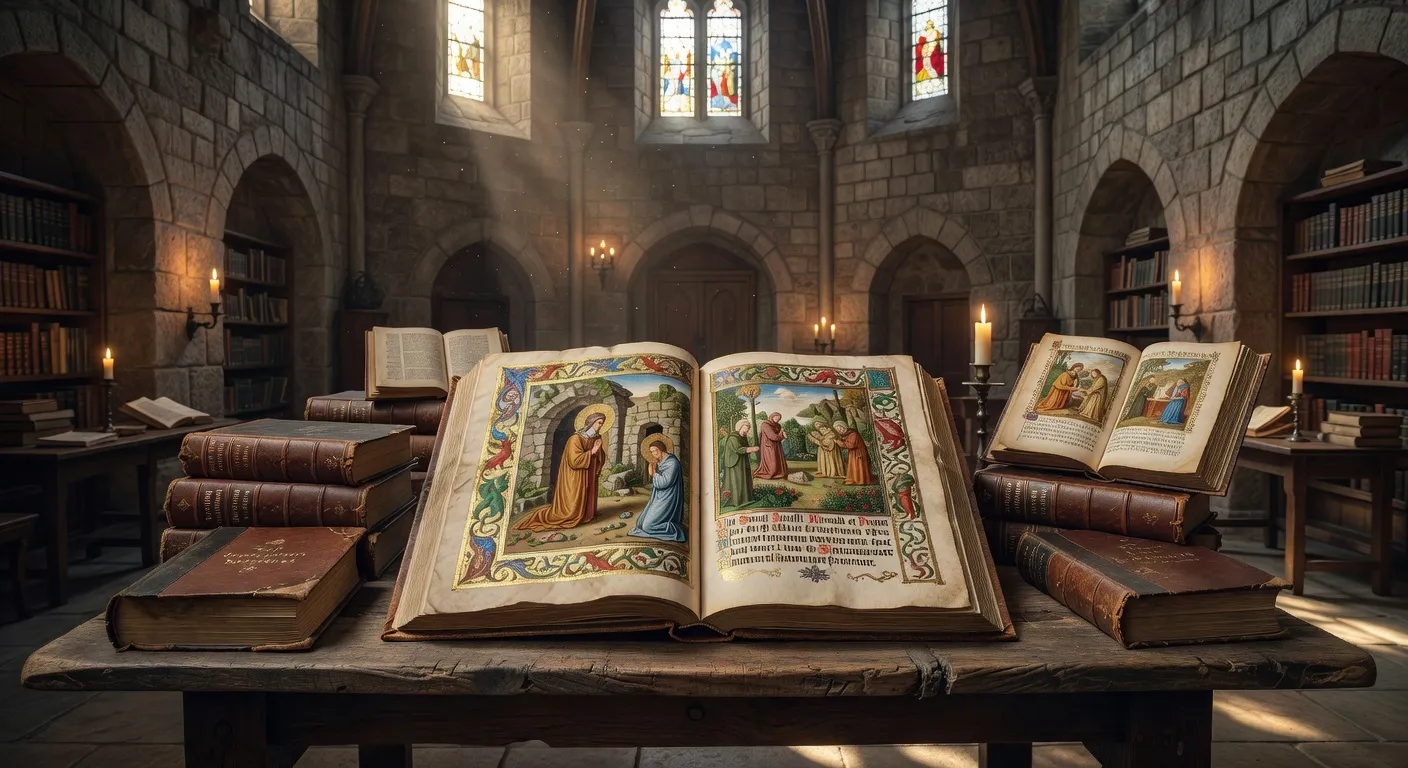 Manuscrit ancien enluminé representant la vie d'un saint chretien