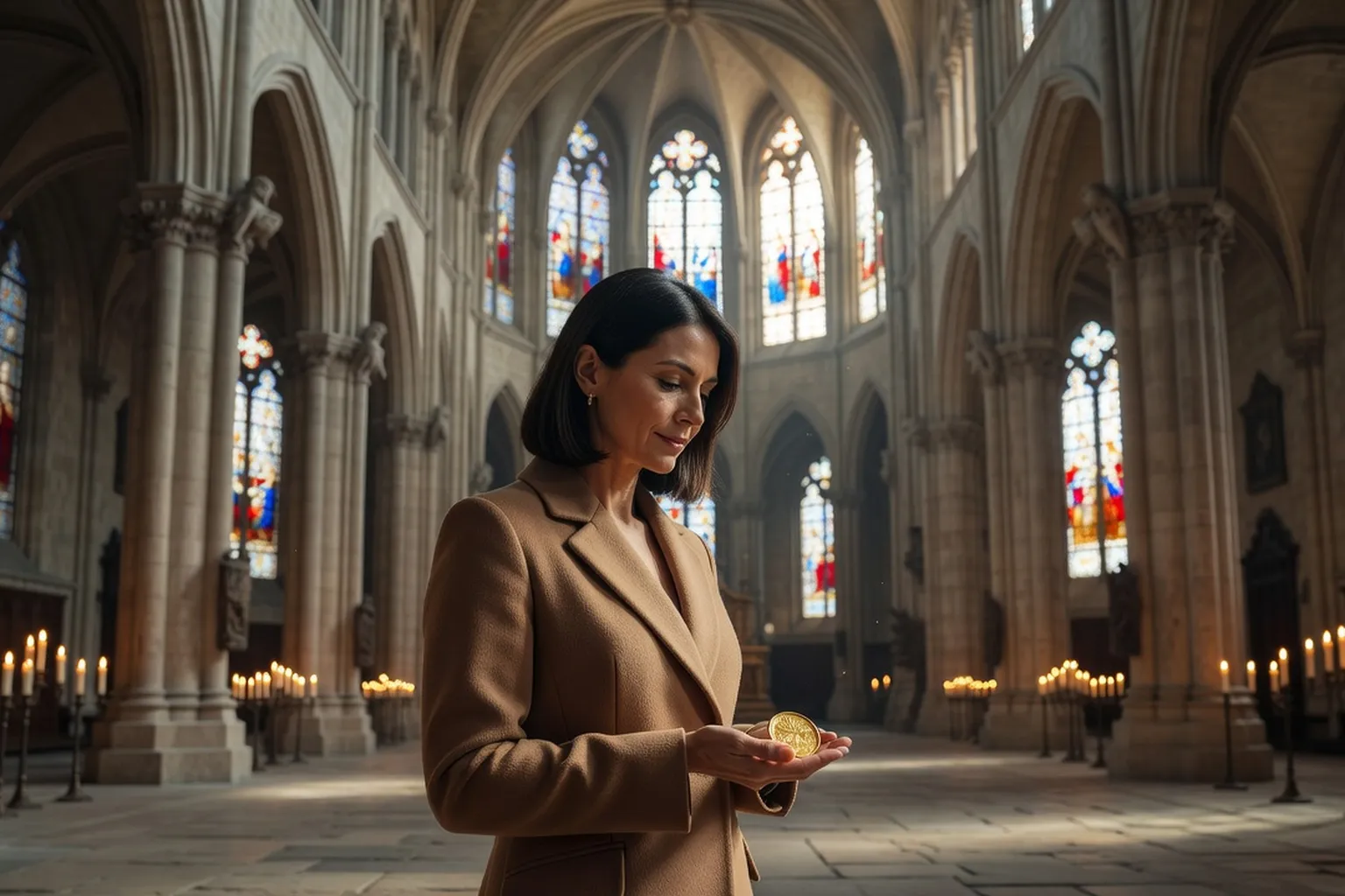 Femme adulte regardant une petite médaille dorée posée dans sa main, dans la nef lumineuse d'une cathédrale gothique