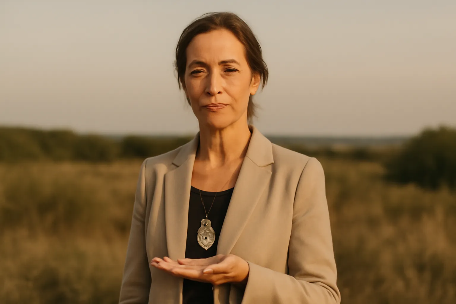 Femme tenant une médaille miraculeuse en argent dans sa main, médaille portée en pendentif visible