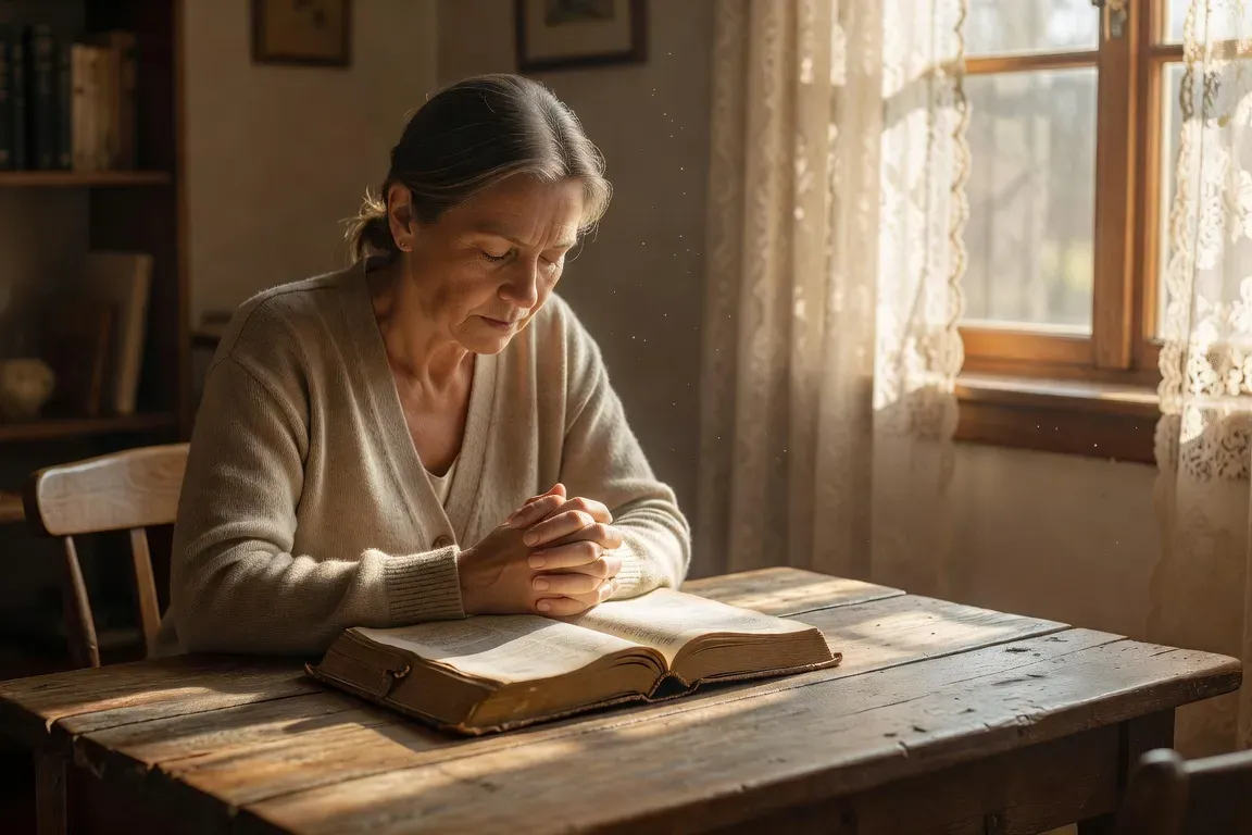 Personne en prière contemplative, mains jointes sur une Bible ouverte, lumière matinale