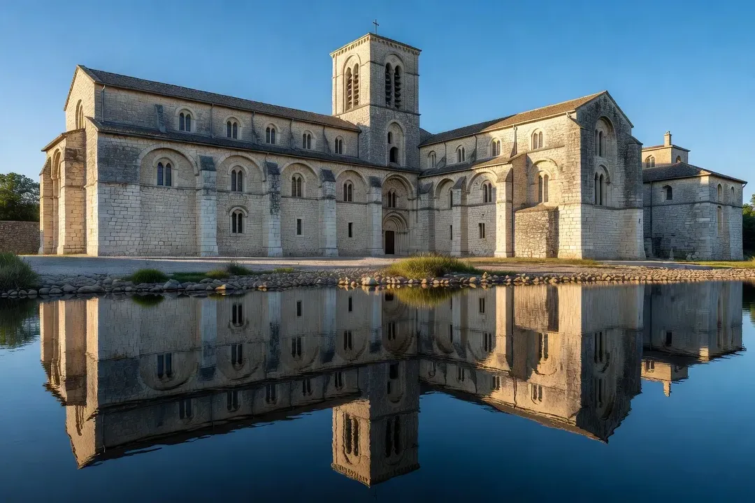 Abbaye bénédictine au bord d'un lac en France, architecture romane en pierre, ambiance sereine et spirituelle