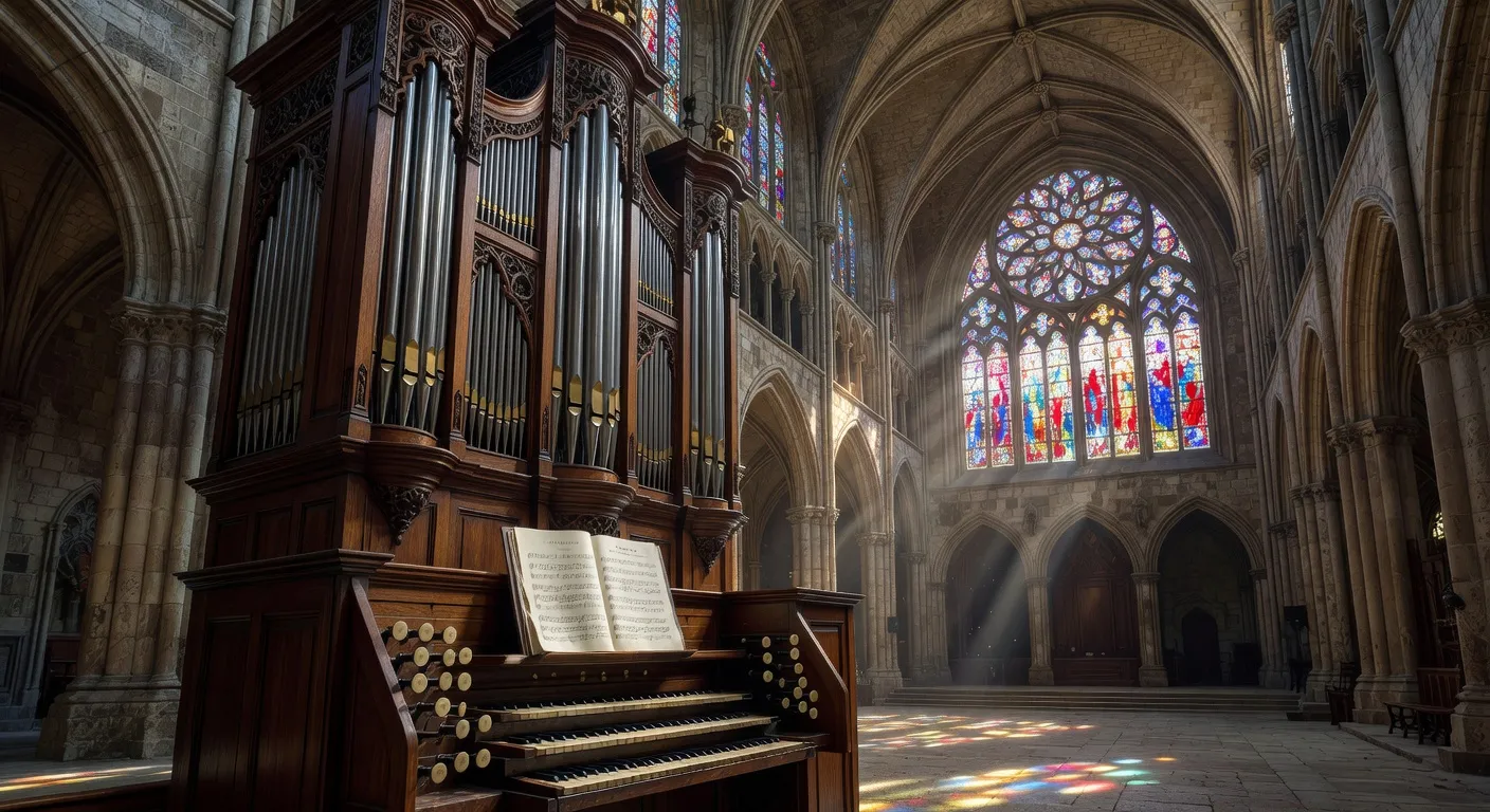 Choeur chantant dans une cathedrale gothique baignee de lumiere filtrant a travers les vitraux