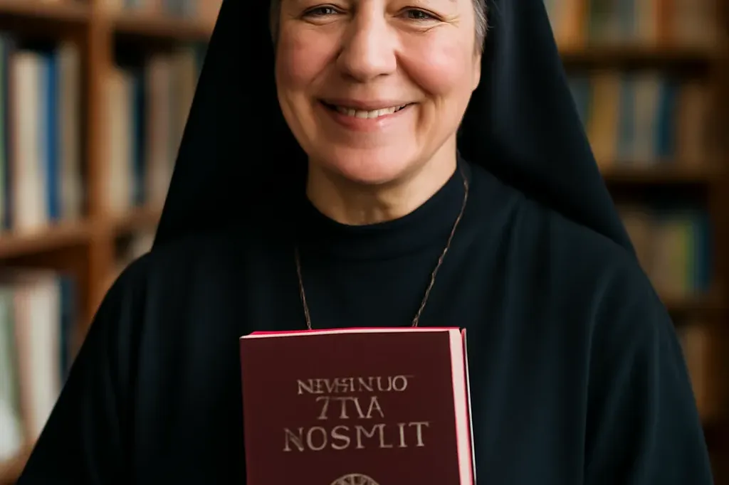 Portrait éditorial d'une oblate bénédictine tenant la Règle de saint Benoît