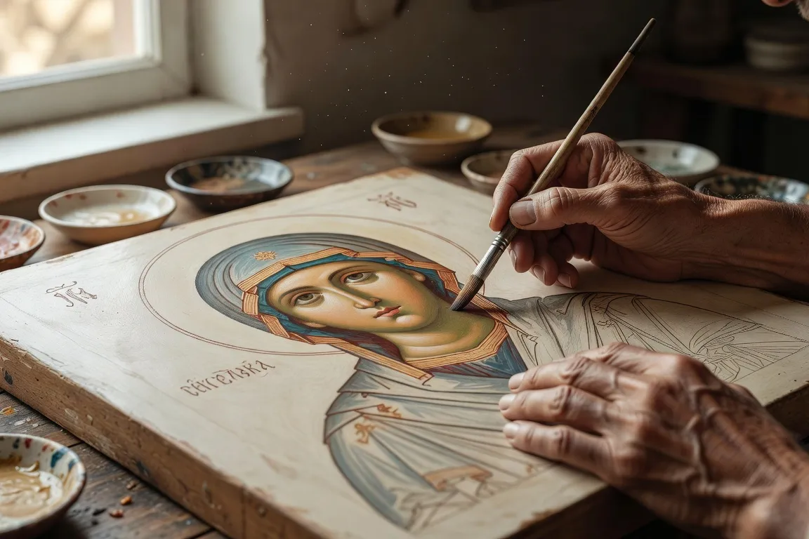 Iconographe contemporain peignant une icône de la Vierge à la tempera sur panneau de bois