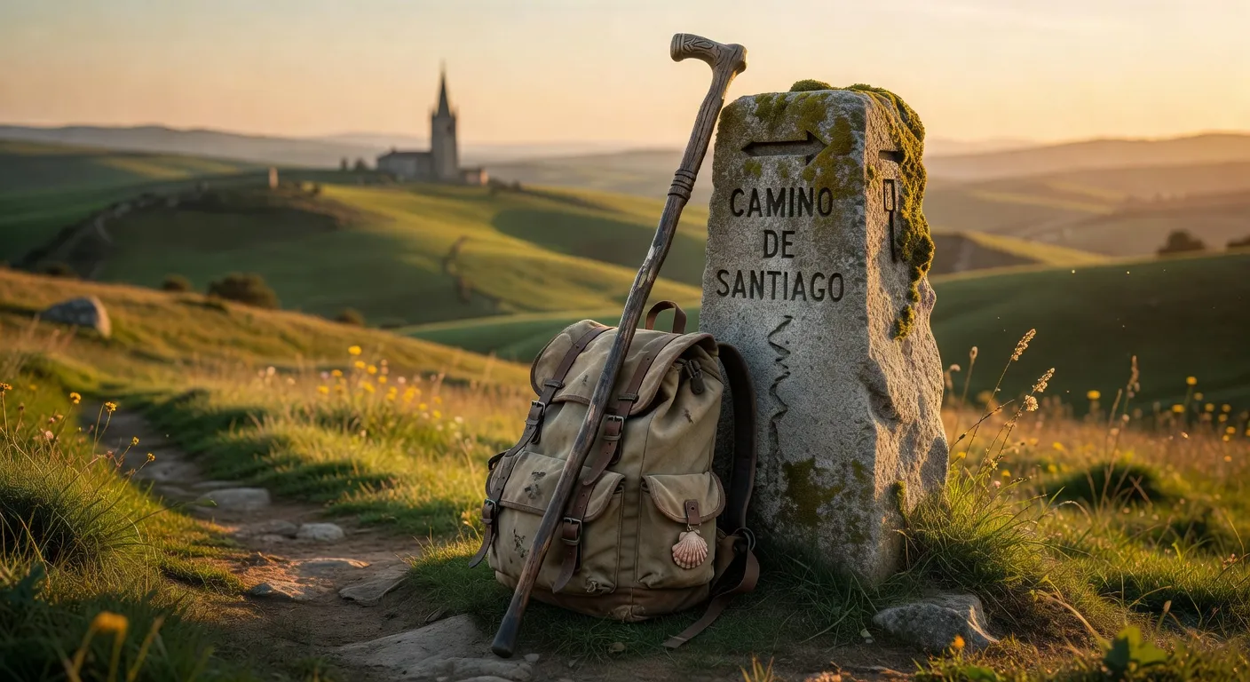 Pelerin marchant sur un chemin de campagne vers une cathedrale au lever du soleil