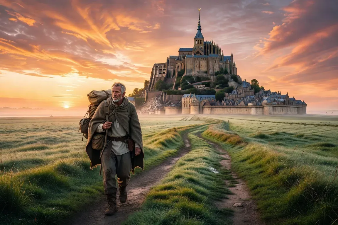 Pèlerin marchant vers le Mont-Saint-Michel au lever du soleil