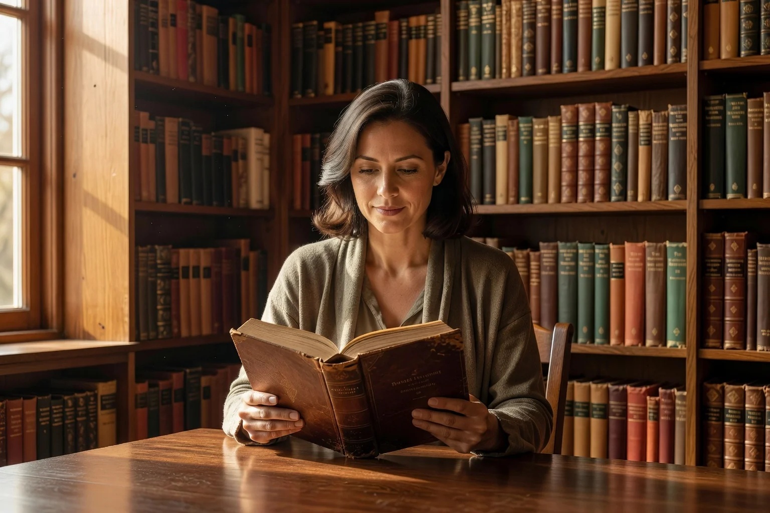 Femme adulte lisant un livre de spiritualité ancienne dans une lumière chaude, étagères de livres religieux en arrière-plan