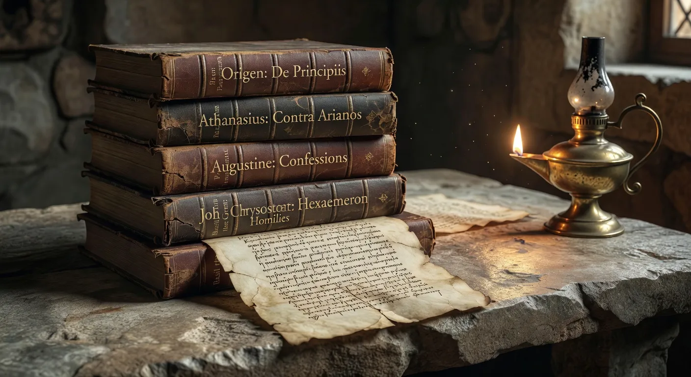 Anciens volumes patristiques sur une etagere de bibliotheque