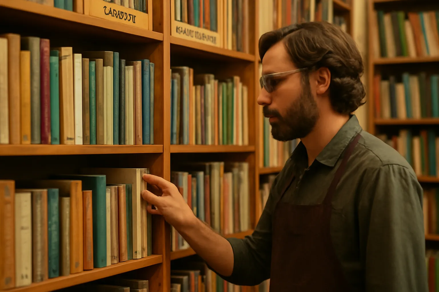 Libraire feuilletant un recueil de poésie mystique dans les rayonnages d'une librairie religieuse