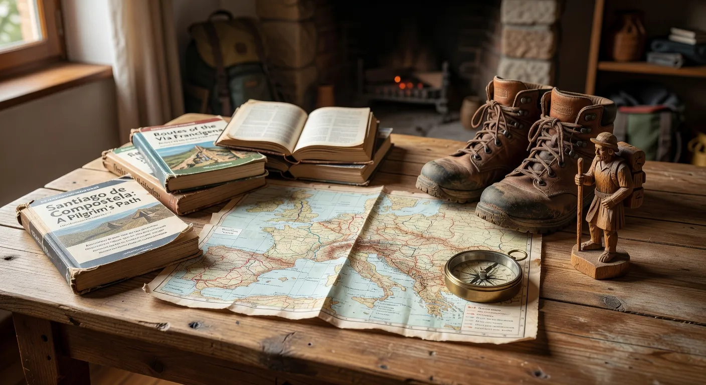 Guides de pelerinage et carte sur une table de preparation de voyage