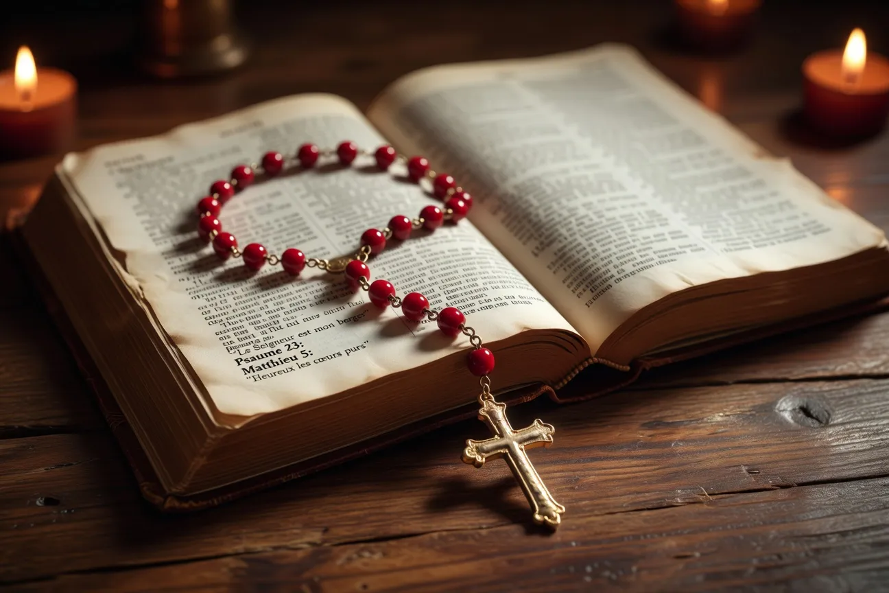Chapelet du rosaire catholique posé sur une Bible ouverte, lumière de bougie dorée