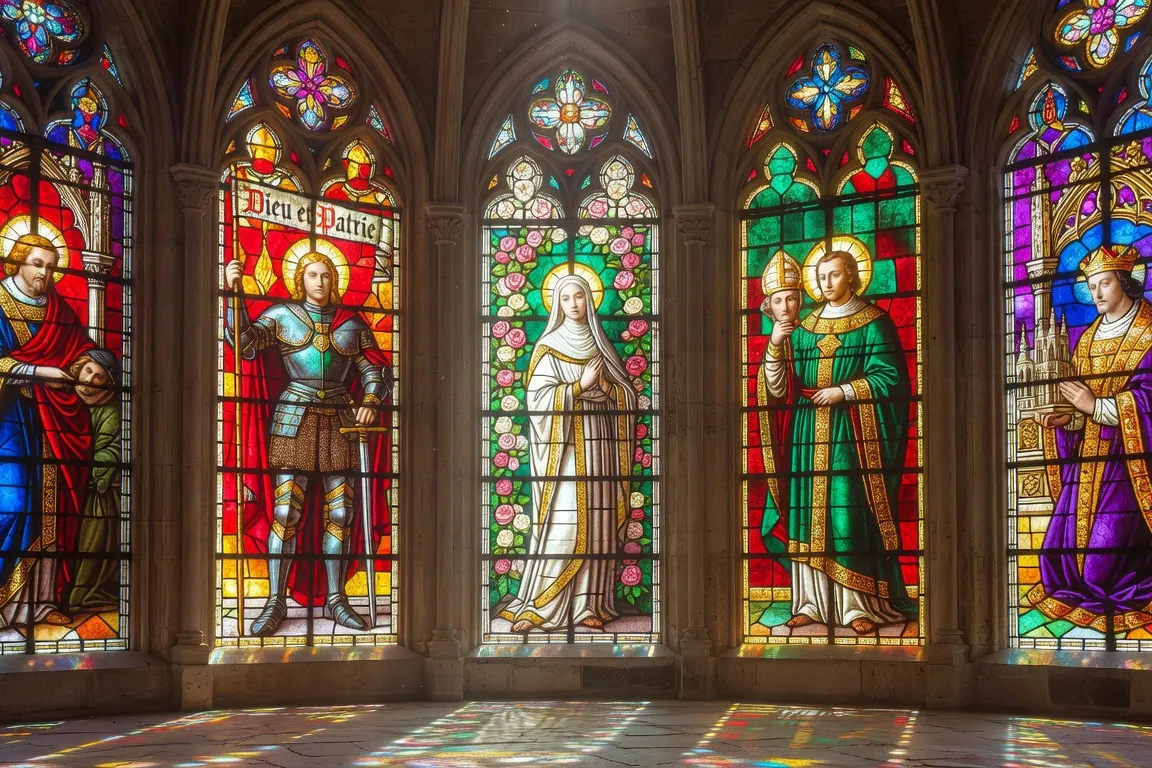 Mosaïque de vitraux médiévaux représentant les grands saints patrons de France, lumière colorée