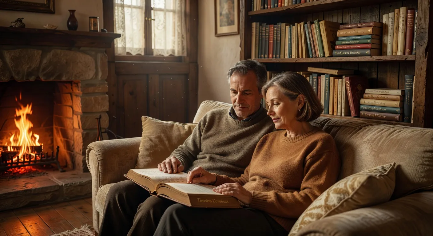 Couple lisant ensemble un livre de spiritualite dans un salon chaleureux