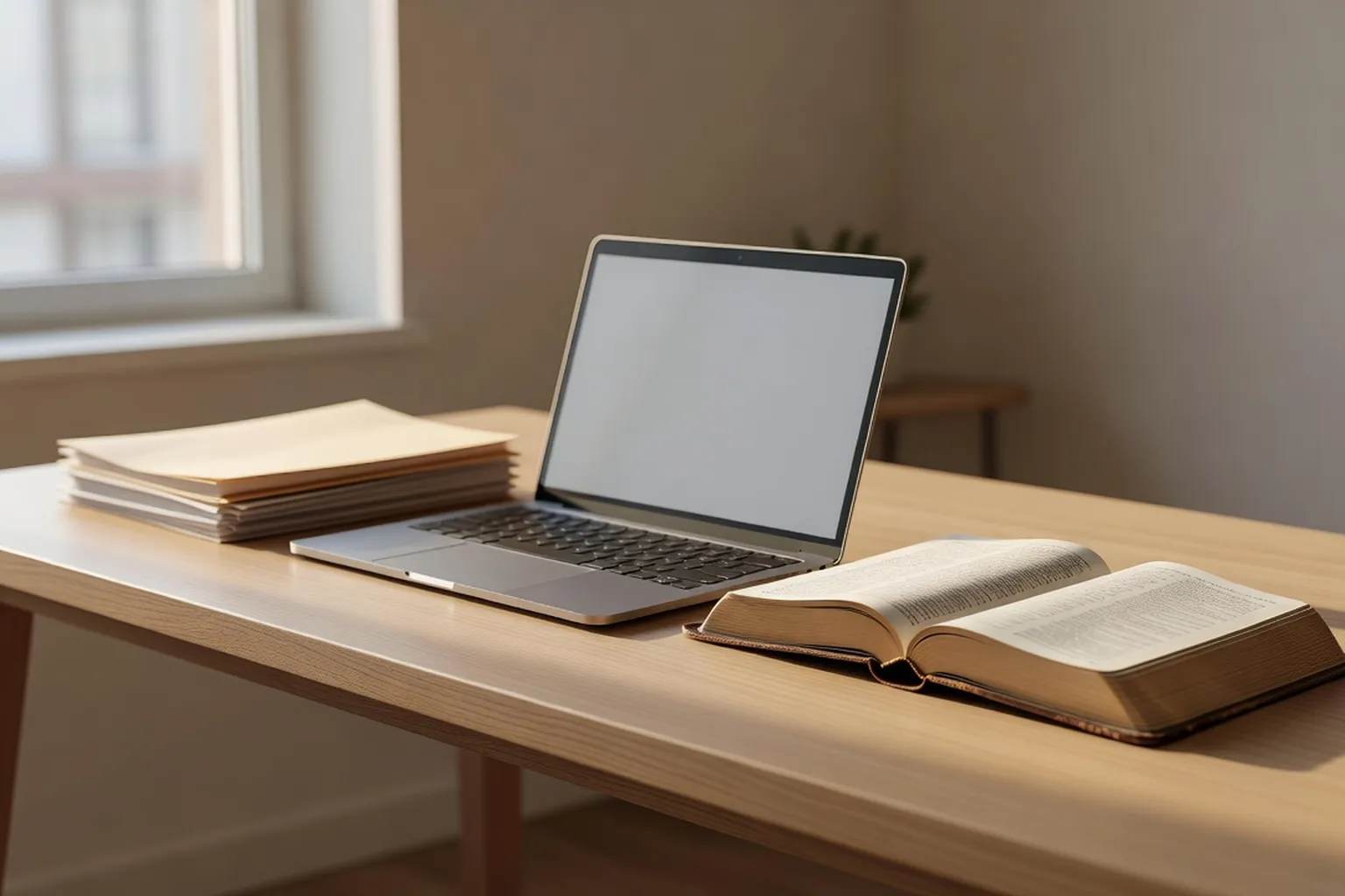 Bureau professionnel avec une Bible ouverte discrètement à côté d'un ordinateur portable