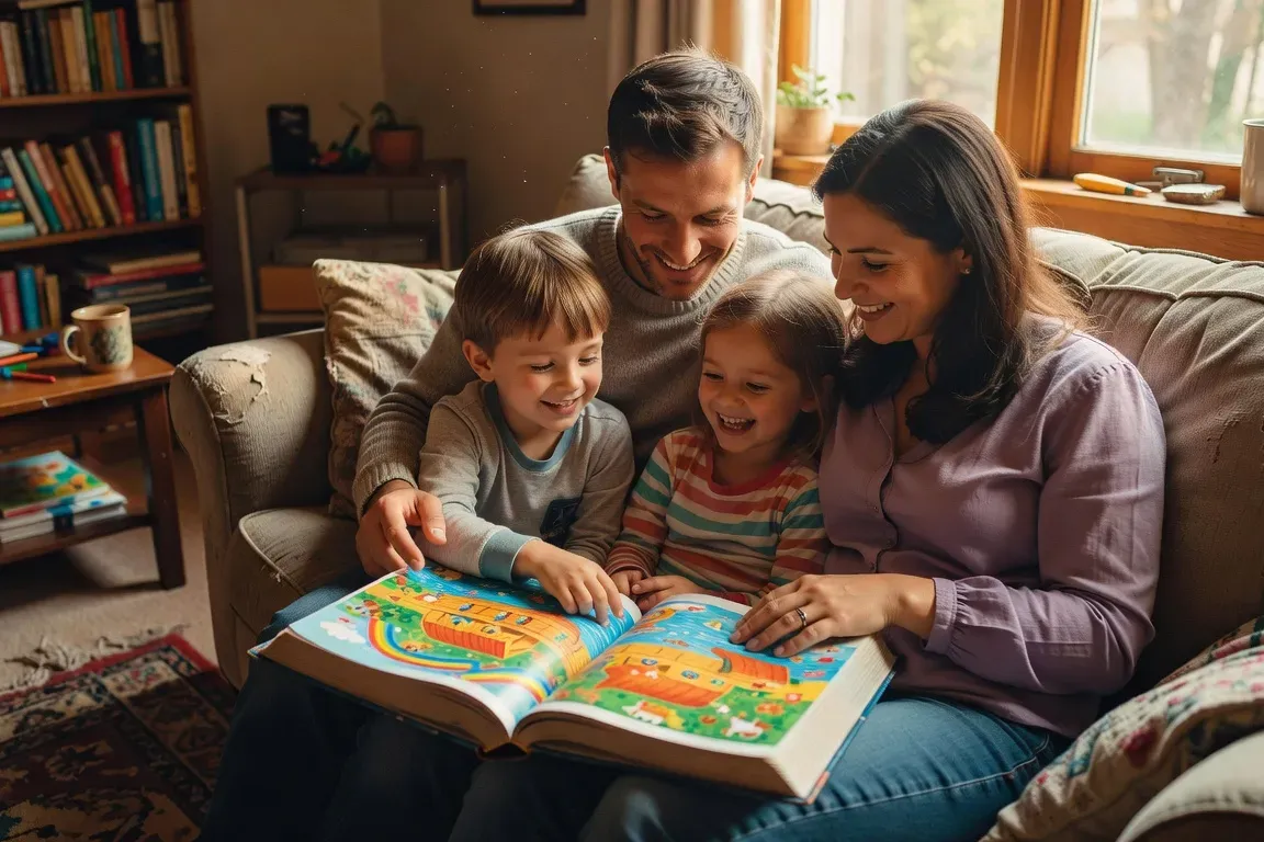 Famille lisant ensemble un livre religieux illustré dans un salon chaleureux