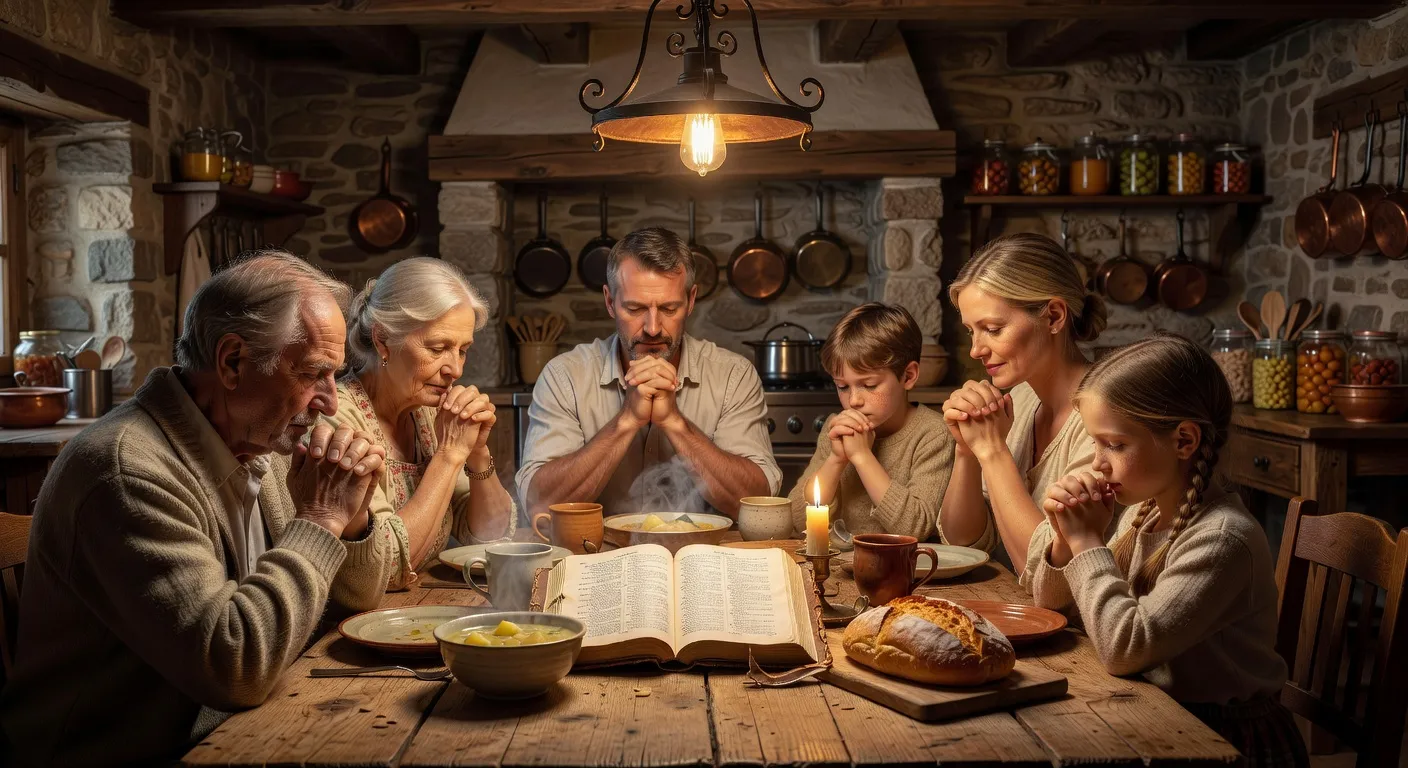 Famille chretienne priant ensemble devant une icone dans un interieur chaleureux