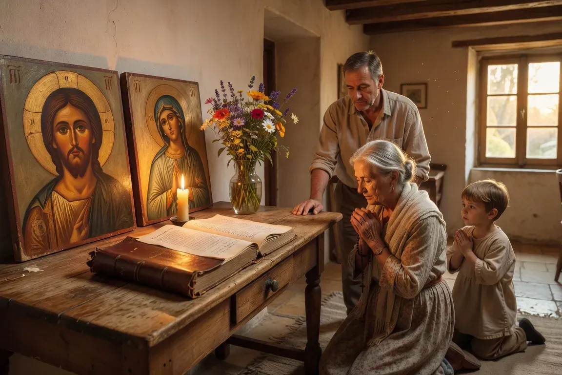 Coin prière familial avec icônes, bougie et livre de prières dans un salon catholique